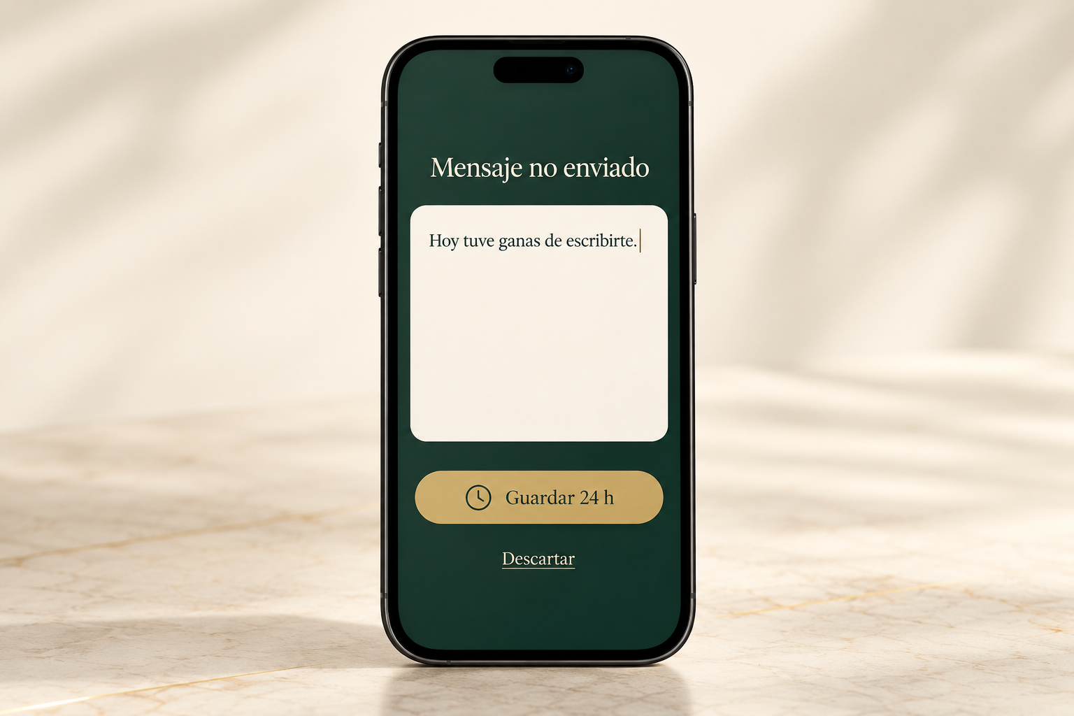 Simulador de Mensaje No Enviado: un borrador privado con las opciones Guardar 24 h y Descartar.